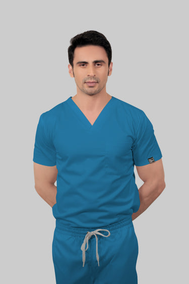 Stretchable (2Way) Male Peacock Blue V-Neck With Straight Pant Scrub Set