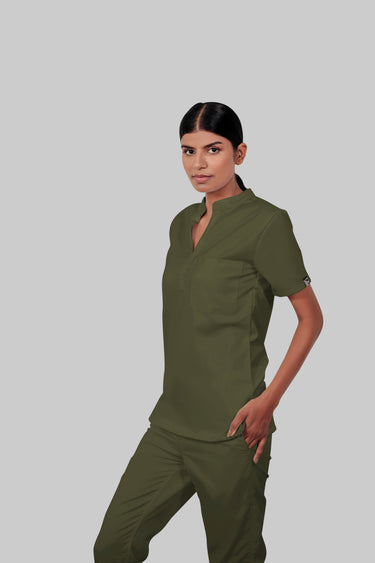 Stretchable (4Way) Female Olive Green Mandarin Neck With Straight Pant Scrub Set