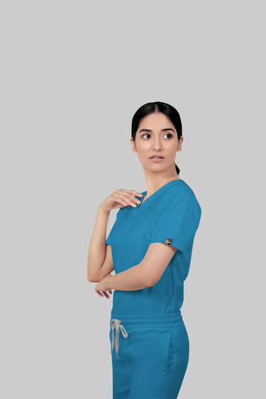 Stretchable (2Way) Female Peacock Blue V-Neck Scrub Top