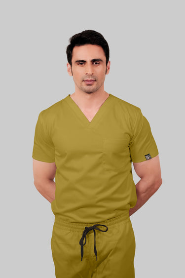 Stretchable (2Way) Male Mustard V-Neck With Jogger Scrub Set