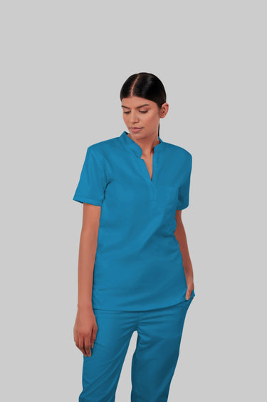 Stretchable (2Way) Female Peacock Blue Mandarin Neck With Straight Pant Scrub Set