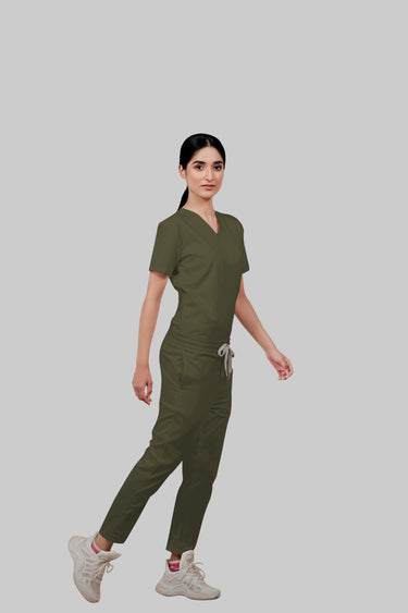 Stretchable (4Way) Female Olive Green V-Neck With Straight Pant Scrub Set