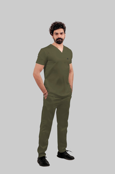 Stretchable (4Way) Male Olive Green V-Neck With Straight Pant Scrub Set
