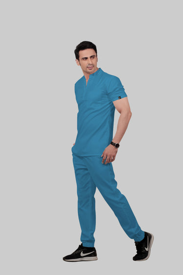 Stretchable (2Way) Male Peacock Blue Mandarin Neck With Jogger Scrub Set