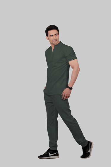 Stretchable (2Way) Male Bottle Green Mandarin Neck With Jogger Scrub Set