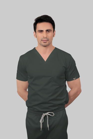 Stretchable (2Way) Male Bottle Green V-Neck With Straight Pant Scrub Set