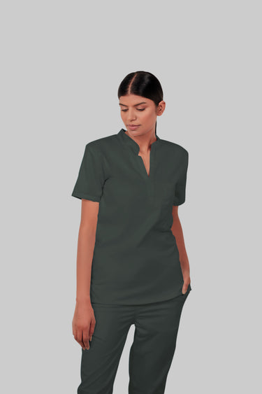 Stretchable (2Way) Female Bottle Green Mandarin With Straight Pant Scrub Set