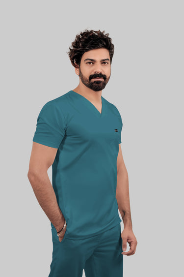 Stretchable (4Way) Male Peacock Blue V-Neck With Jogger Scrub Set