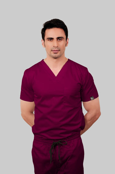 Stretchable (2Way) Male Wine V-Neck With Straight Pant Scrub Set