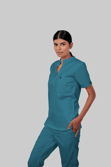 Stretchable (4Way) Female Peacock Blue Mandarin Neck Scrub Top