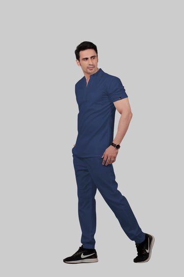 Stretchable (2Way) Male Navy Blue Mandarin Neck With Jogger Scrub Set