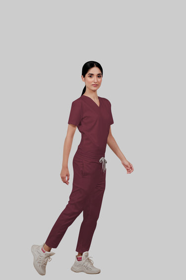 Stretchable (4Way) Female Burgundy V-Neck With Straight Pant Scrub Set