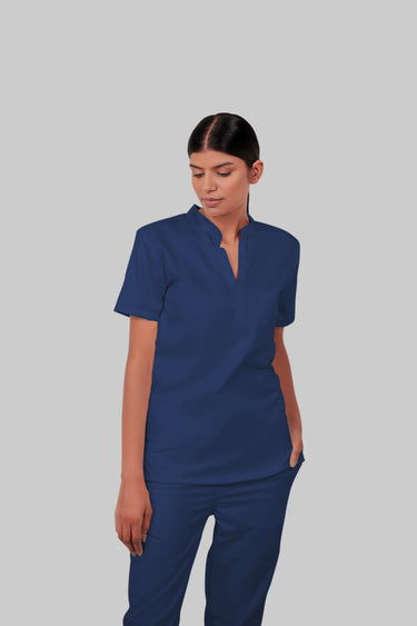 Stretchable (2Way) Female Navy Blue Mandarin Neck With Straight Pant Scrub Set