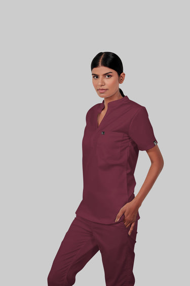 Stretchable (4Way) Female Burgundy Mandarin Neck Scrub Top