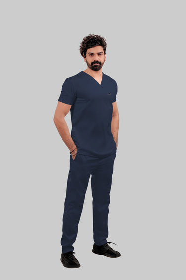 Stretchable (4Way) Male Navy Blue V-Neck With Straight Pant Scrub Set