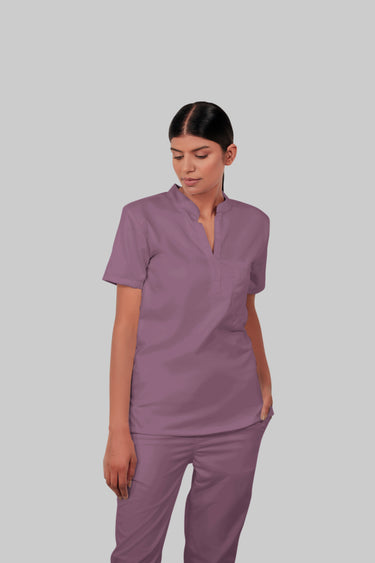 Stretchable (2Way) Female Lilac Mandarin Neck With Straight Pant Scrub Set