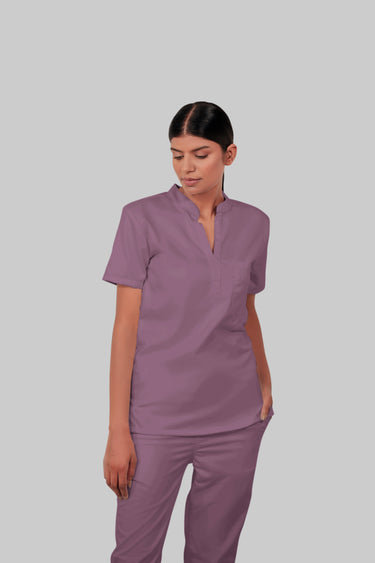 Stretchable (2Way) Female Lilac Mandarin Neck With Jogger Scrub Set