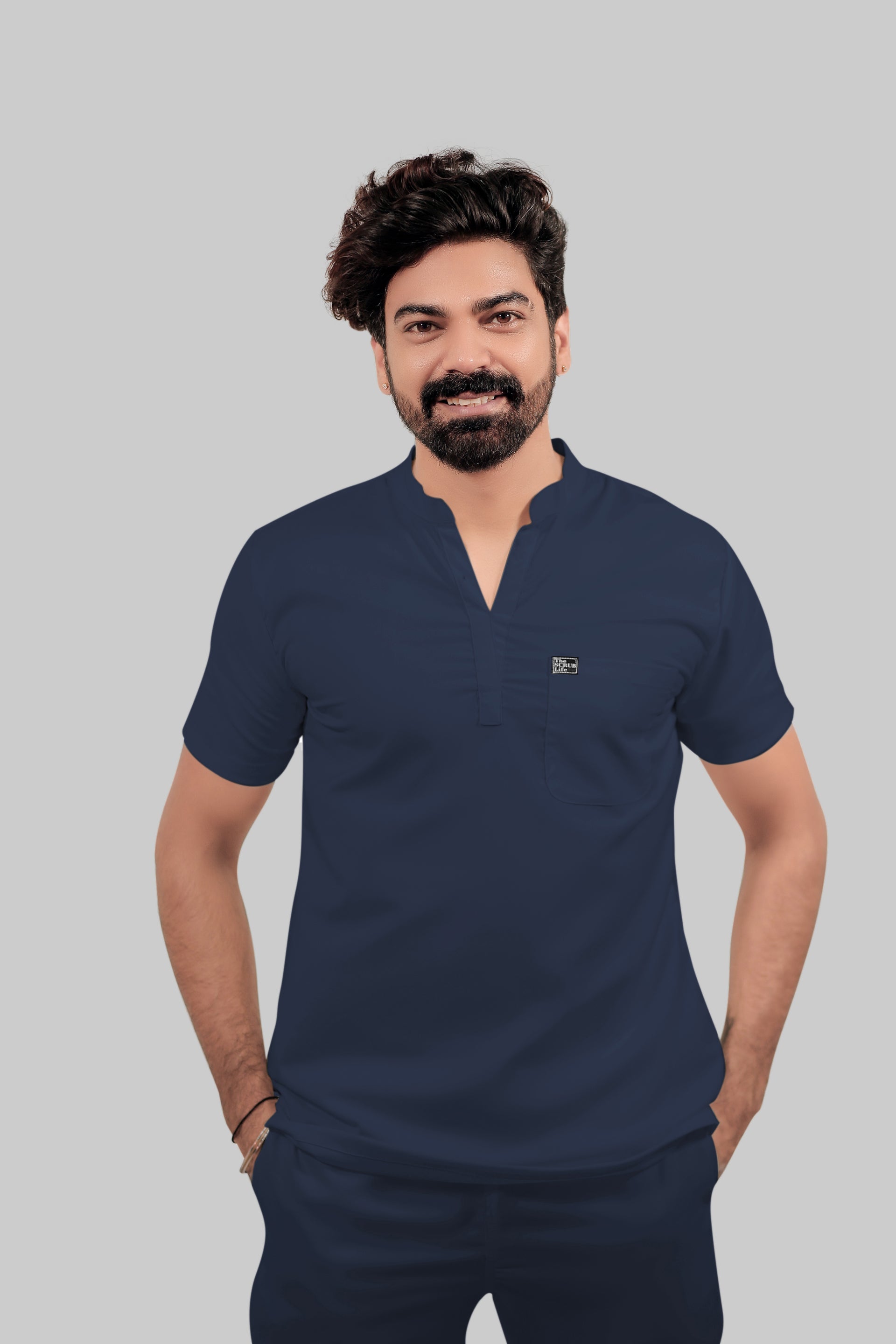 Stretchable Men Navy Blue Mandarin Neck Scrub Set
