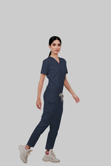 Stretchable (4Way) Female Navy Blue V-Neck With Straight Pant Scrub Set