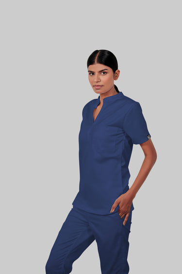 Stretchable (4Way) Female Royal Blue Mandarin Neck With Straight Pant Scrub Set