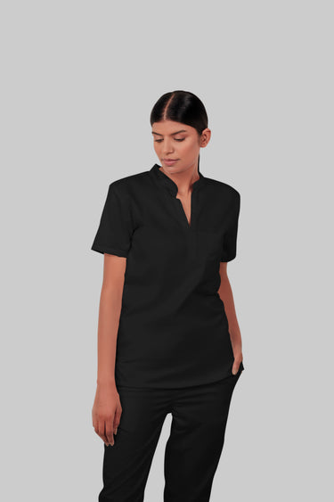 Stretchable (2Way) Female Black Mandarin Neck With Straight Pant Scrub Set