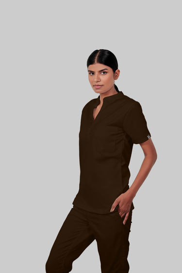 Stretchable (4Way) Female Brown Mandarin Neck Scrub Top
