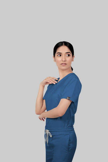 Stretchable (2Way) Female Steel Blue V-Neck Scrub Top