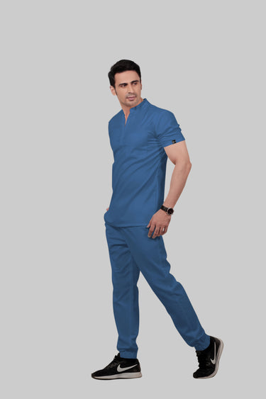 Stretchable (2Way) Male Steel Blue Mandarin Neck With Jogger Scrub Set