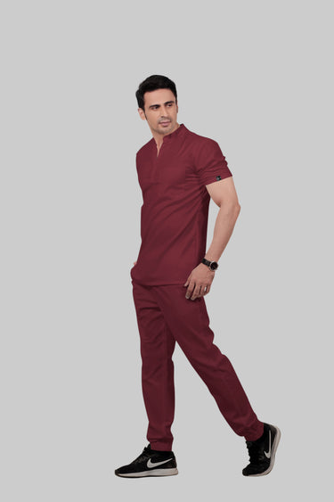 Stretchable (2Way) Male Maroon Mandarin Neck With Jogger Scrub Set