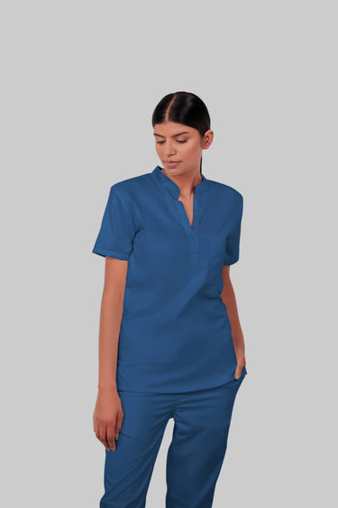 Stretchable (2Way) Female Steel Blue Mandarin Neck With Jogger Scrub Set
