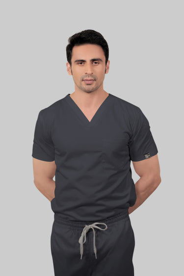 Stretchable (2Way) Male Dark Gray V-Neck With Straight Pant Scrub Set