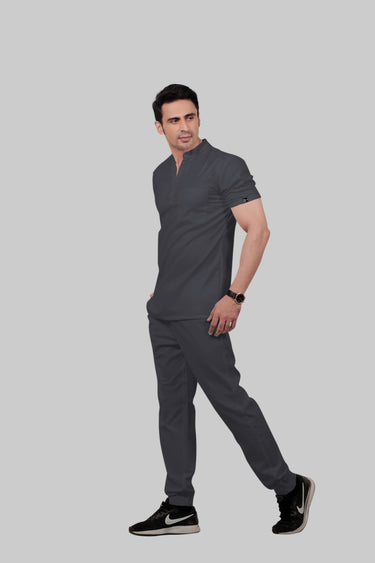 Stretchable (2Way) Male Dark Gray Mandarin Neck With Jogger Scrub Set