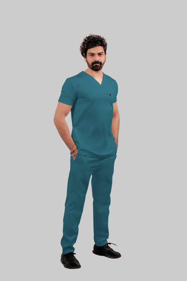 Stretchable (4Way) Male Peacock Blue V-Neck With Straight Pant Scrub Set