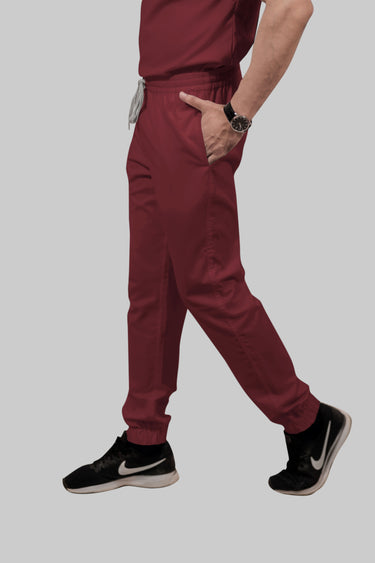 Stretchable (2Way) Male Maroon V-Neck With Jogger Scrub Set