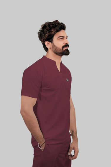 Stretchable (4Way) Male Burgundy Mandarin Neck with Straight Pant Scrub Set