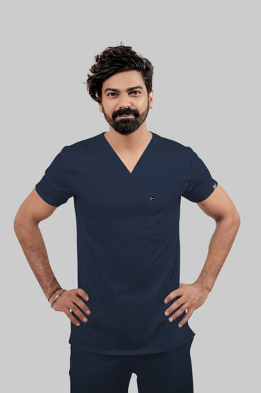 Stretchable (4Way) Male Navy Blue V-Neck With Straight Pant Scrub Set