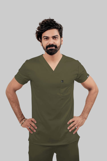 Stretchable (4Way) Male Olive Green V-Neck With Straight Pant Scrub Set