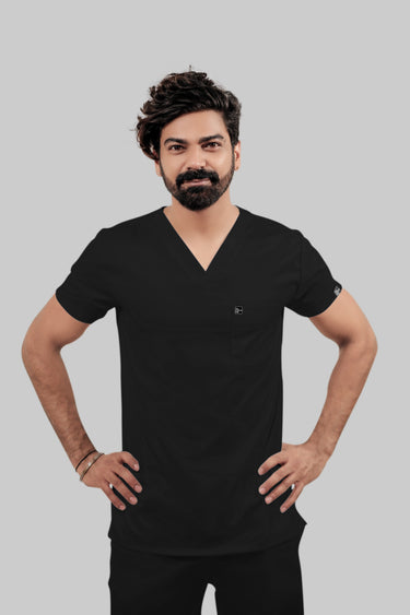 Stretchable (4Way) Male Black V-Neck With Straight Pant Scrub Set